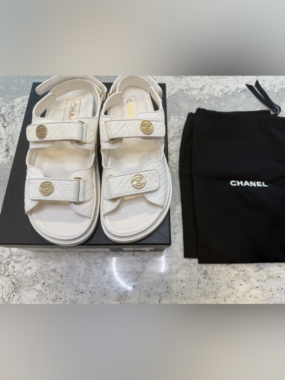 Chanel Dad Sandals in White and Gold Size 38.5